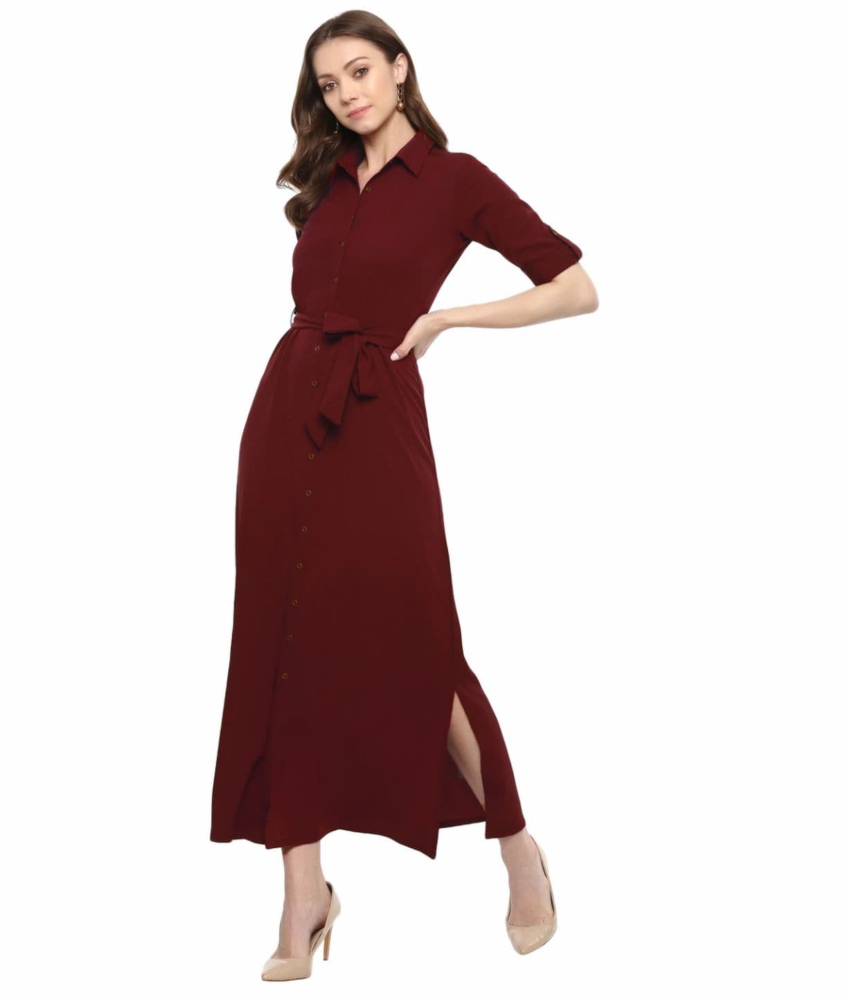 Plus Maroon Solid Crepe Collar Buttoned Down Shirt Maxi Dress - Uptownie