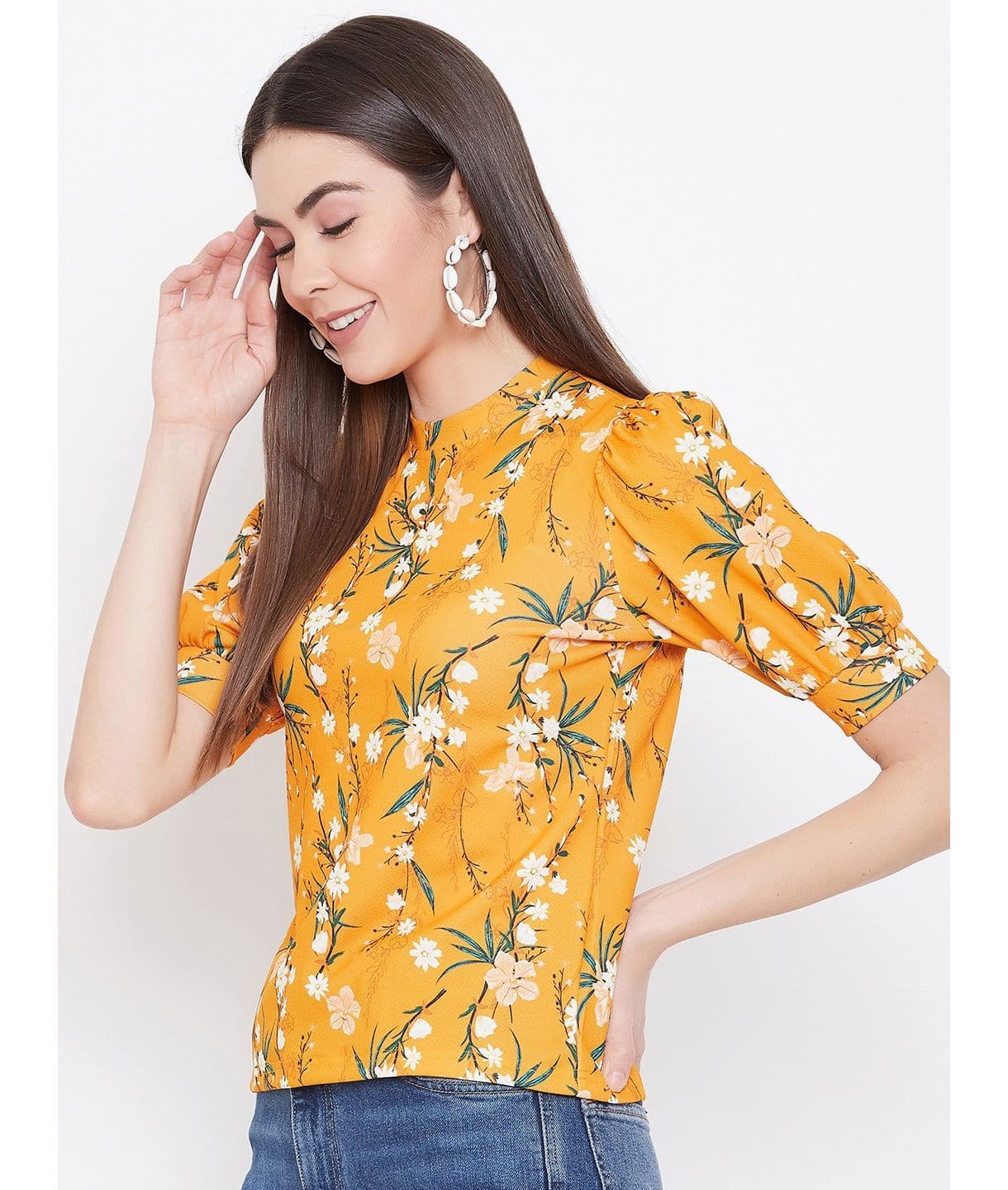 Plus Cotton Floral Stretchable Puff Sleeve Top - Uptownie