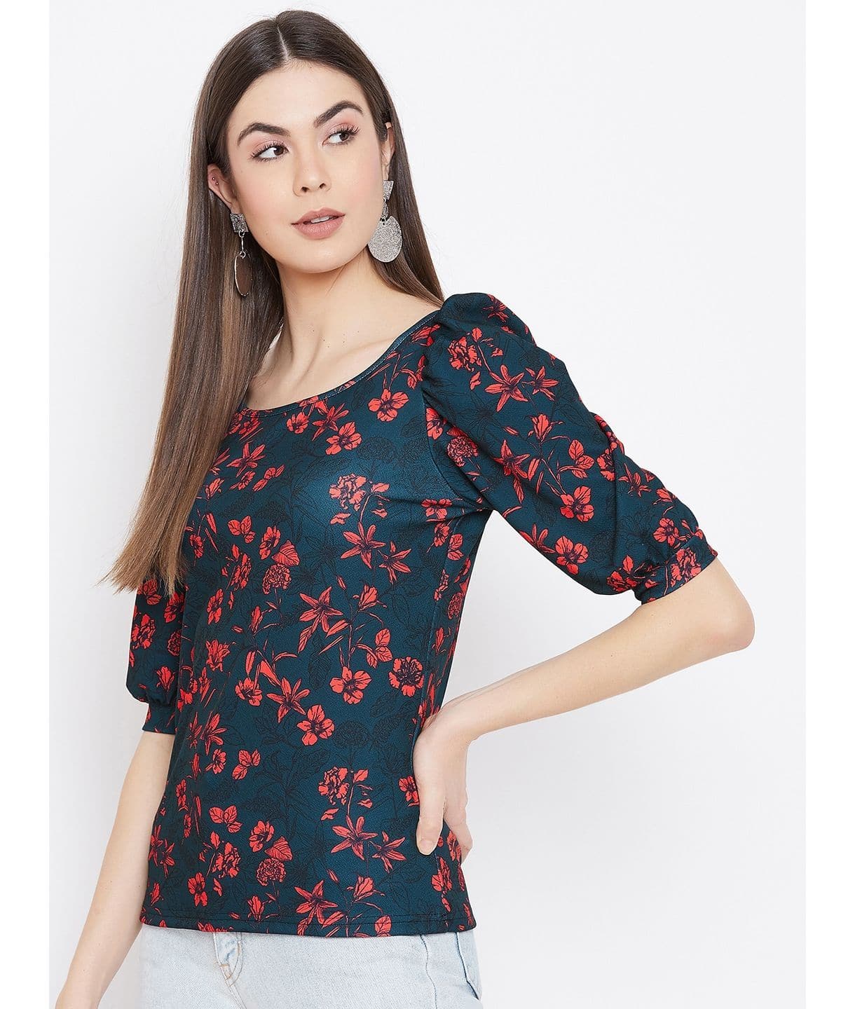Plus Cotton Floral Stretchable Puff Sleeve Top - Uptownie