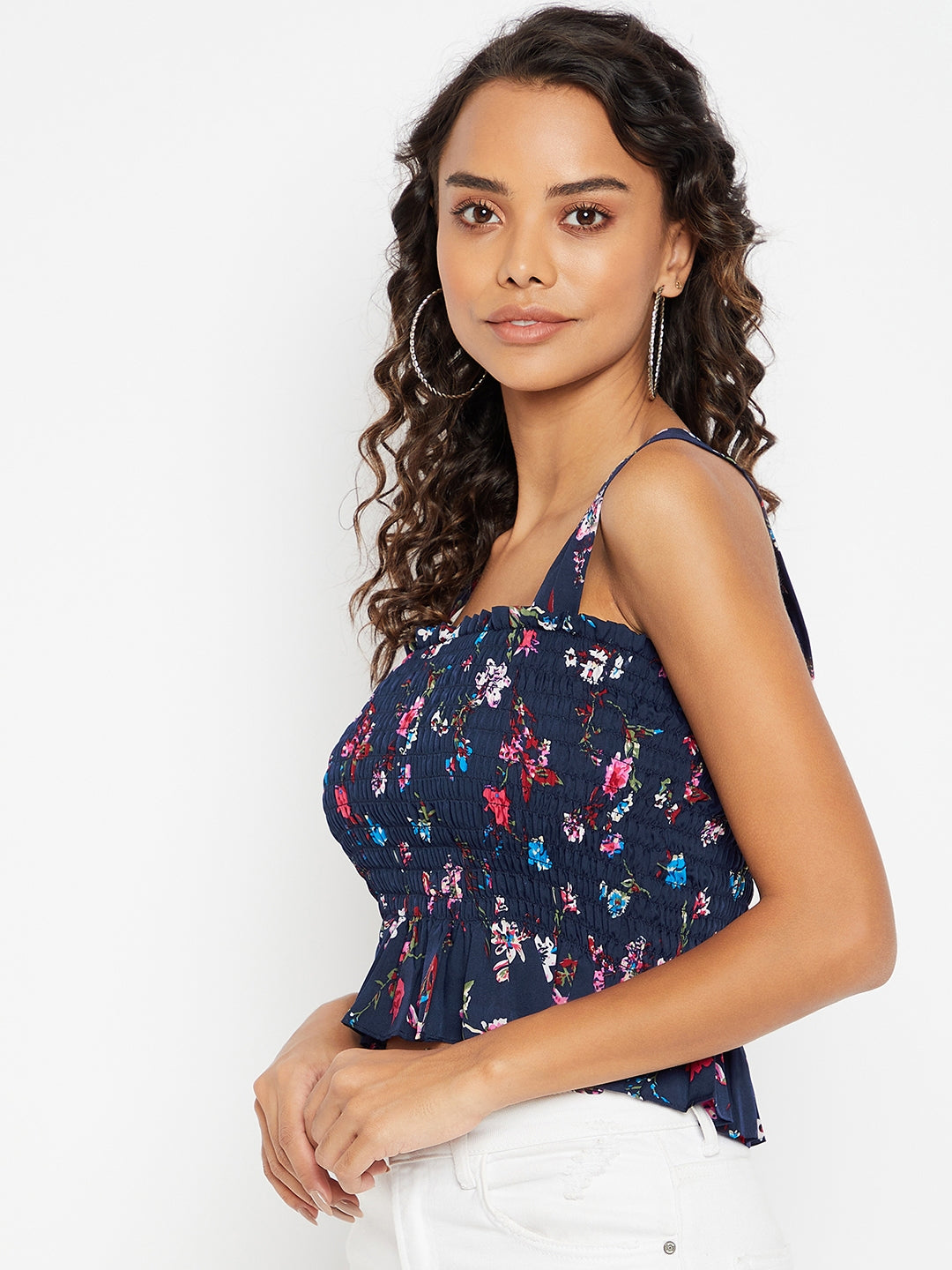 Printed Square Neck Smocked Peplum Top - Uptownie