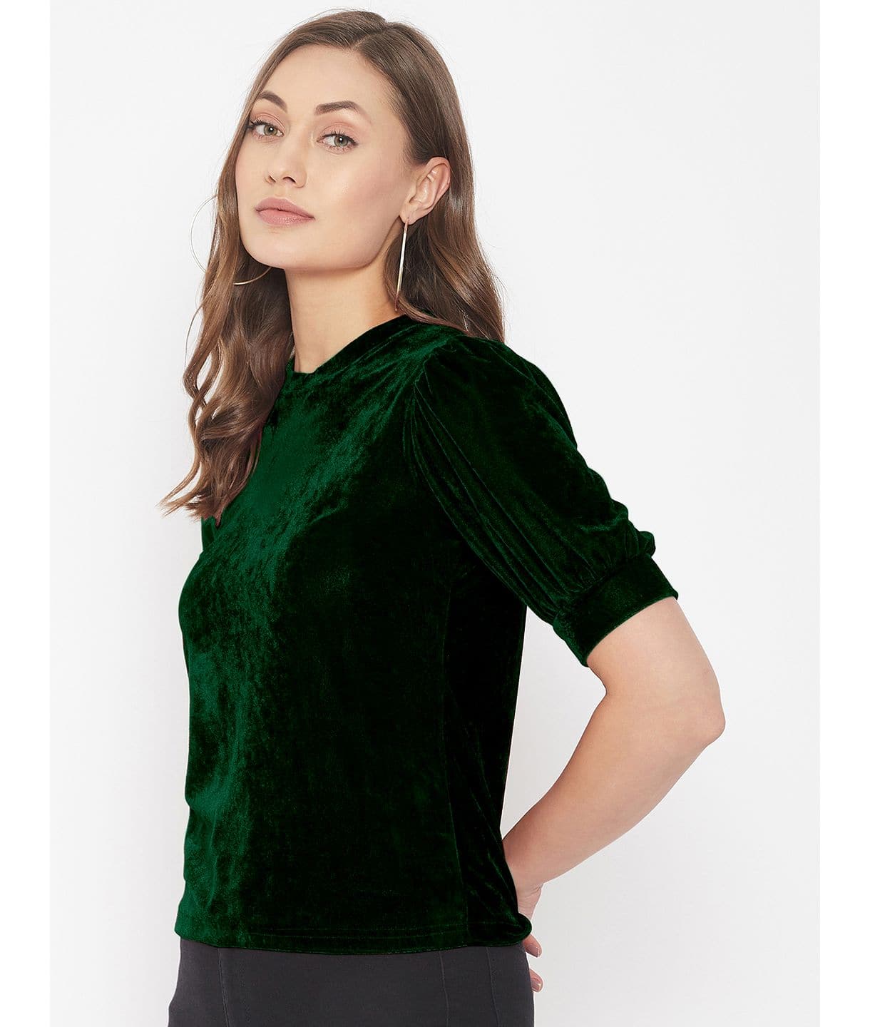 Stretchable Velvet High Neck Puff Sleeve Top - Uptownie