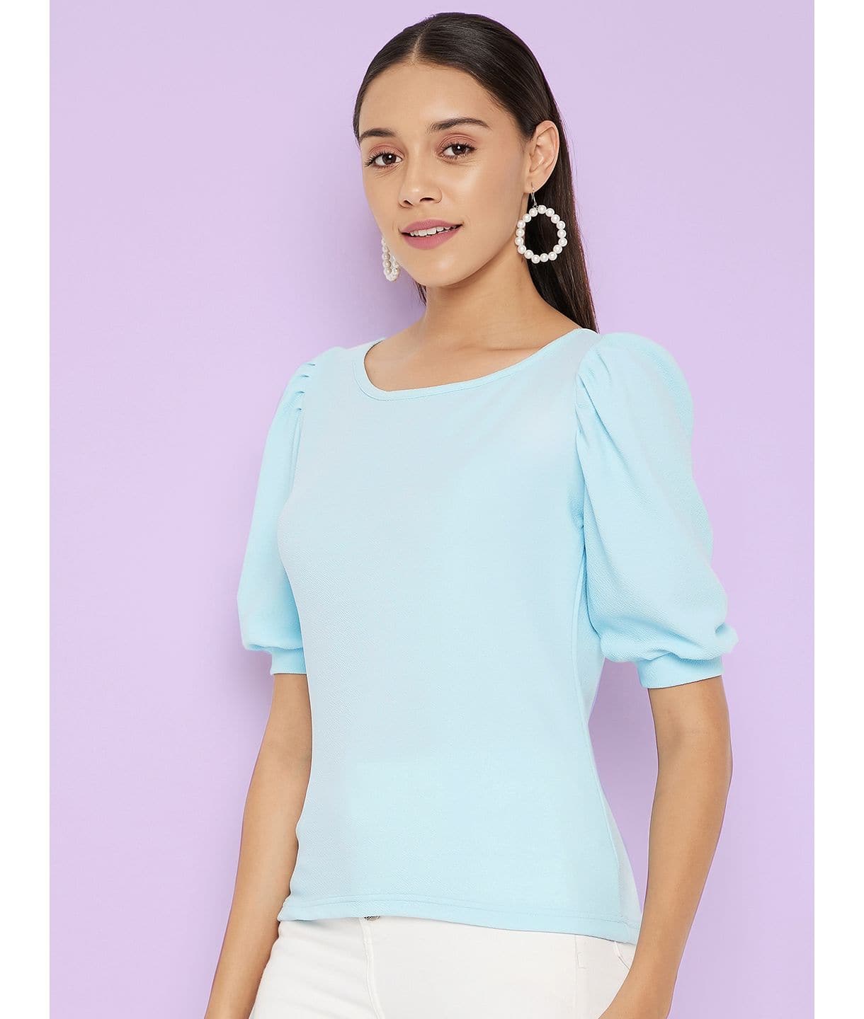 Cotton Solid Stretchable Round Neck Puff Sleeve Top - Uptownie