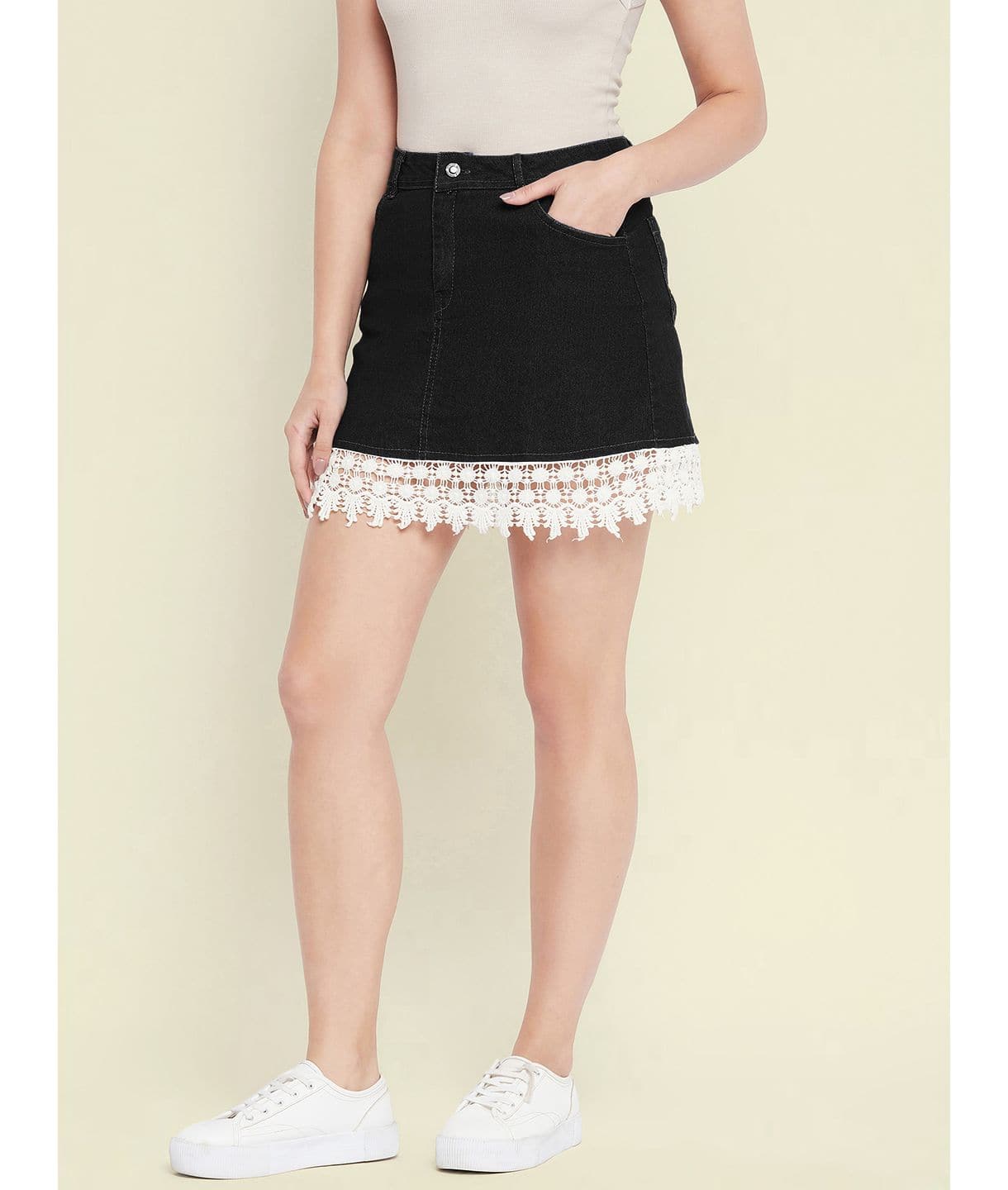 Stretchable Knee length Lace Denim Skirt - Uptownie
