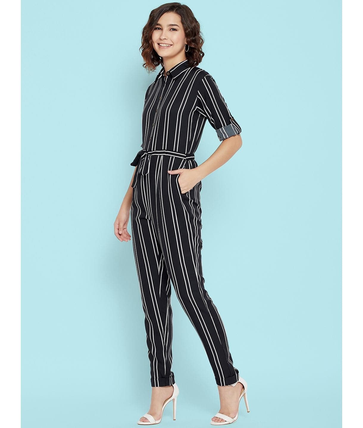 Striped Roll Up Jumpsuit - Uptownie
