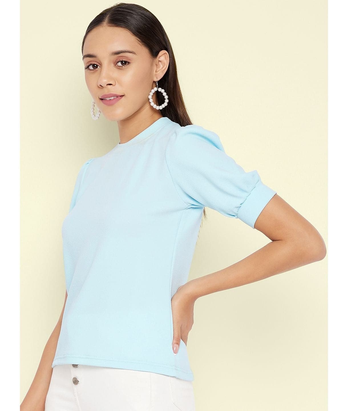 Cotton Solid Stretchable High Neck Puff Sleeve Top