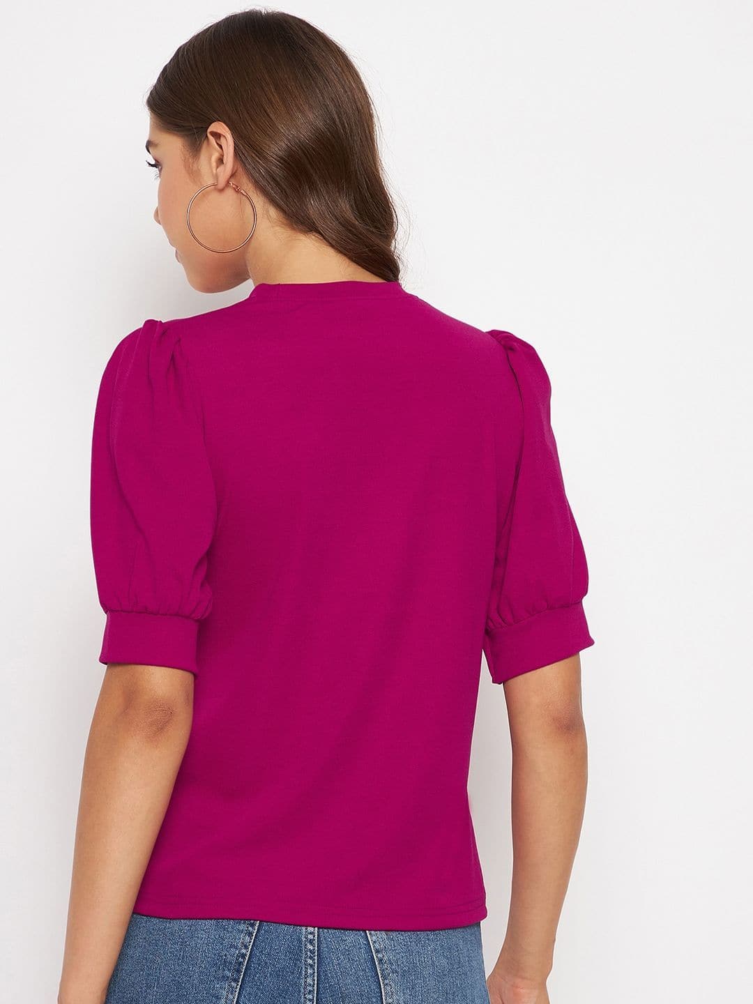 Cotton Solid Stretchable High Neck Puff Sleeve Top - Uptownie