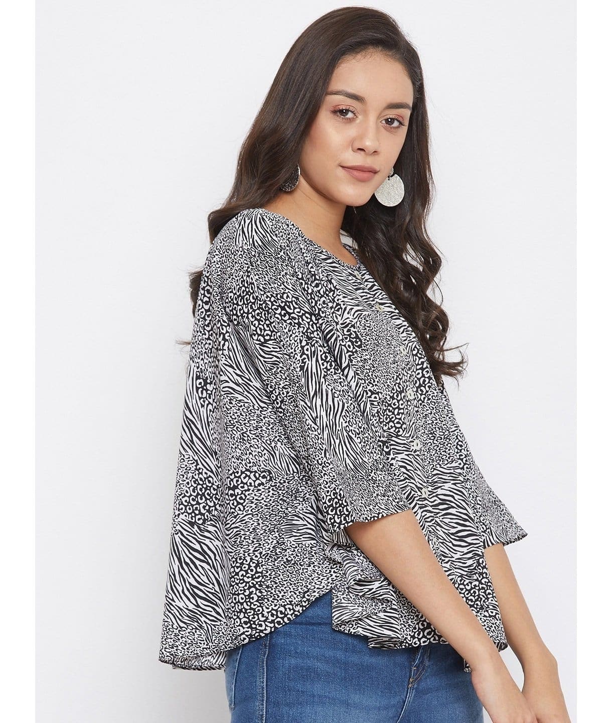 Printed Buttoned Crepe Cape Top - Uptownie