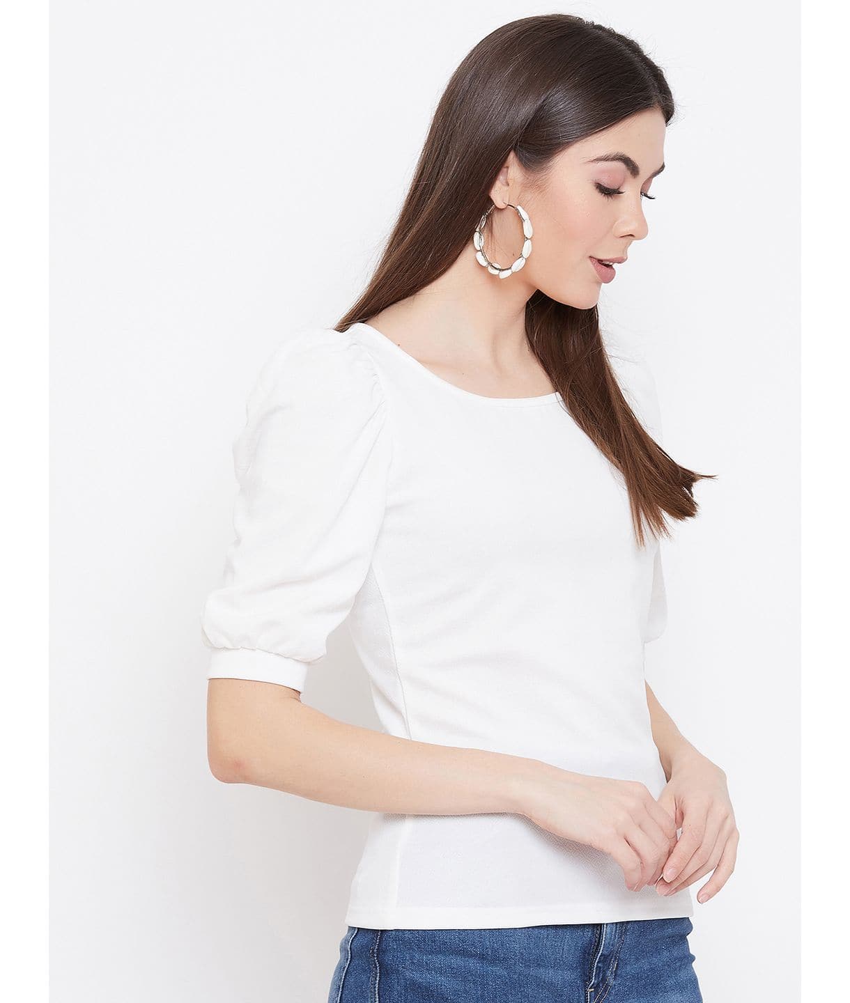Plus Cotton Solid Stretchable Puff Sleeve Top - Uptownie