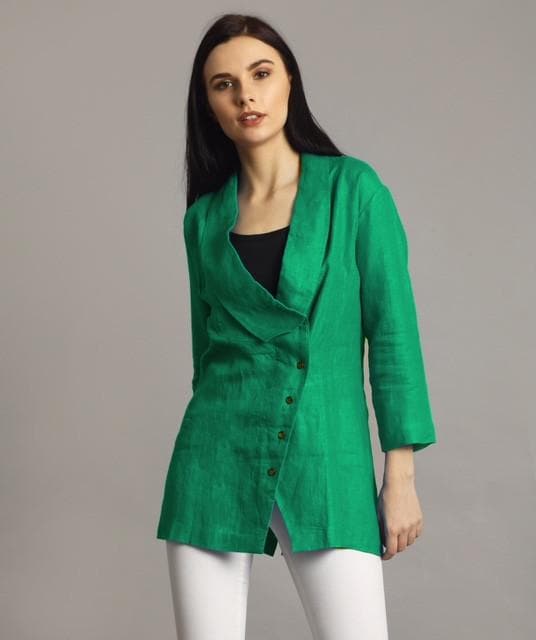 Green Linen Jacket Style Tunic - Uptownie