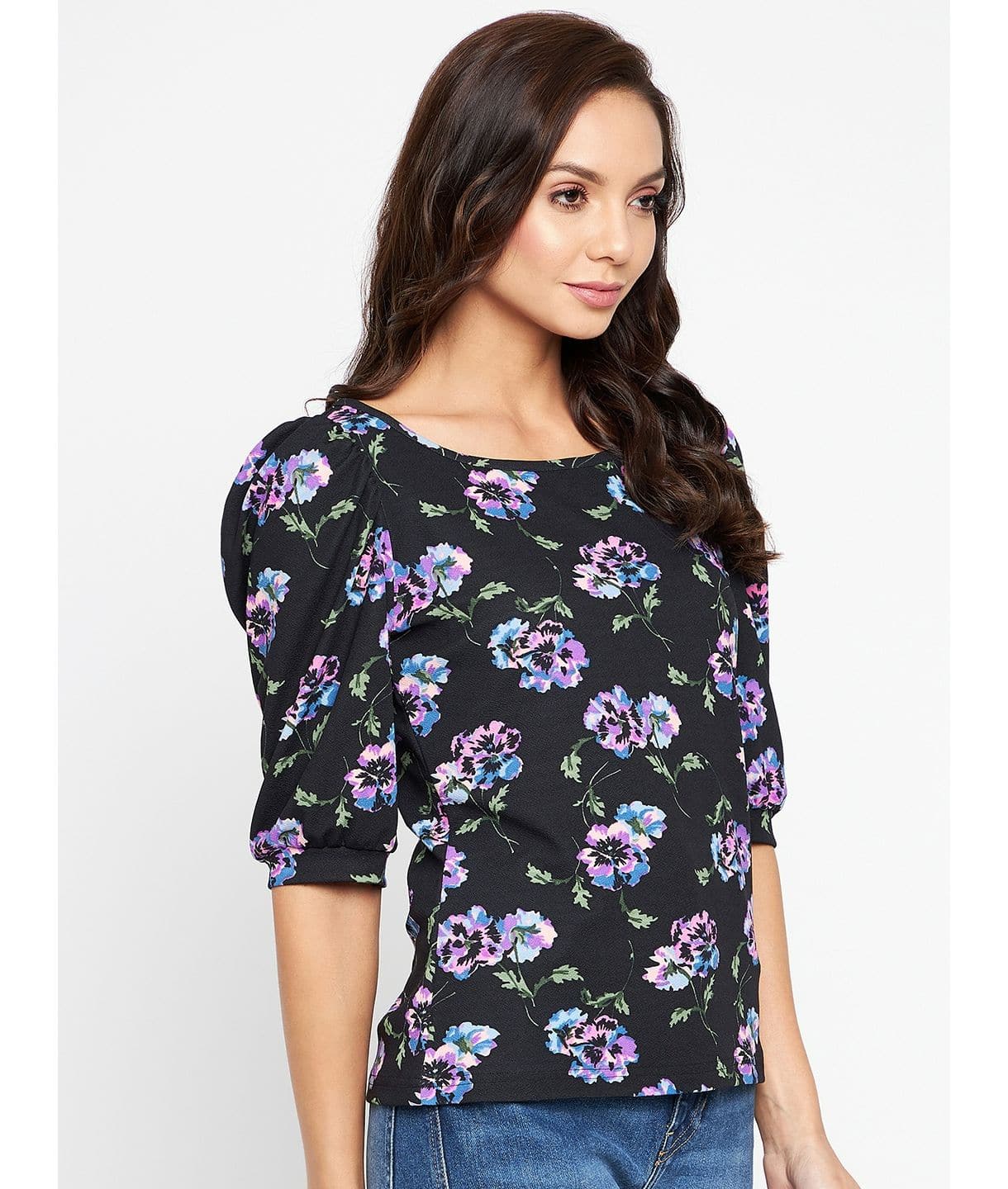 Cotton Floral Printed Stretchable Puff Sleeve Top - Uptownie