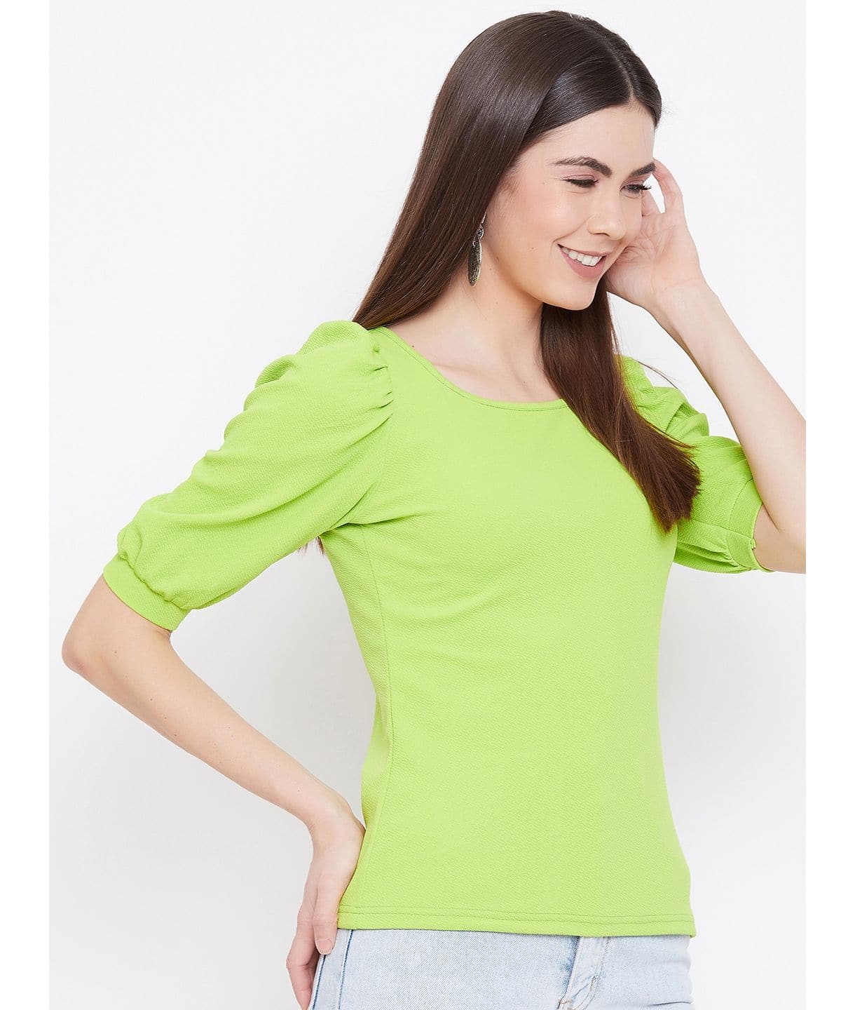 Plus Cotton Solid Stretchable Puff Sleeve Top - Uptownie