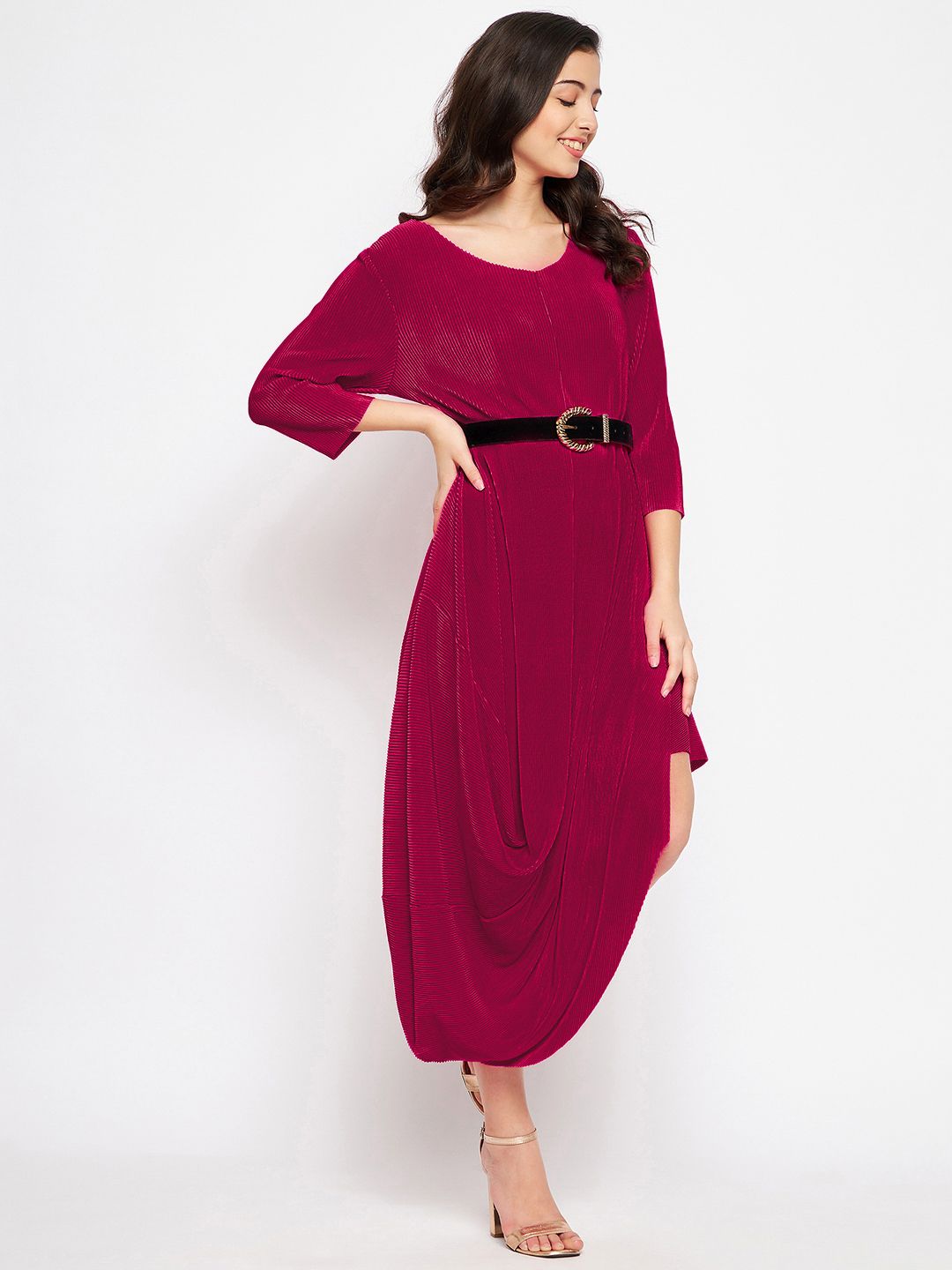 Pleated Cowl Cut Midi Dress - Uptownie