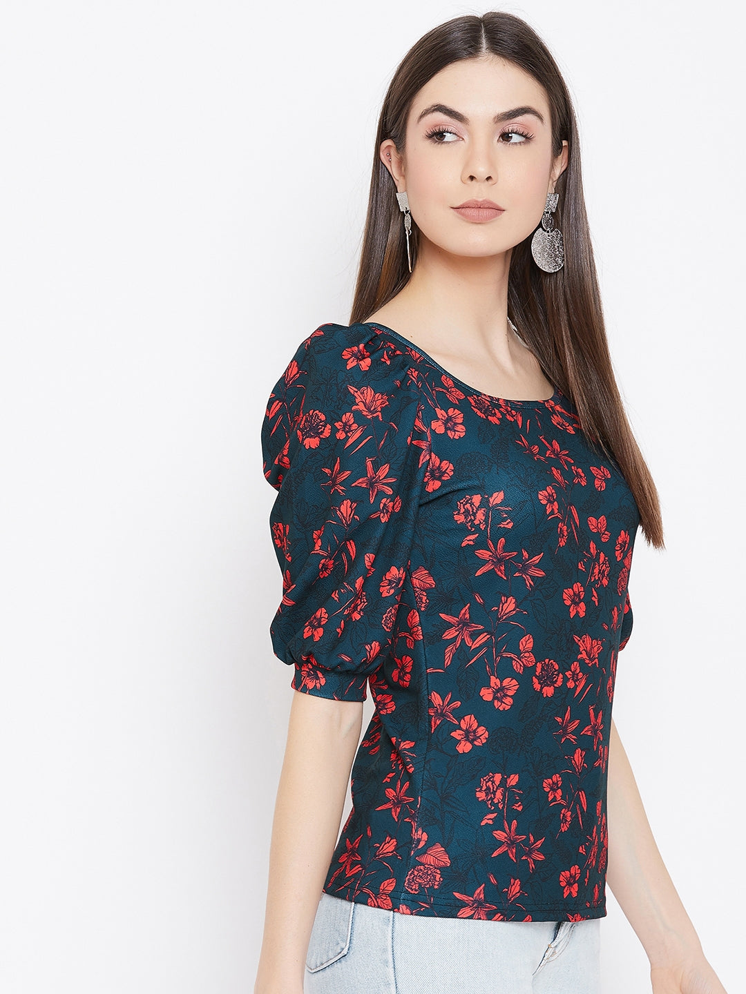 Cotton Floral Stretchable Puff Sleeve Top - Uptownie