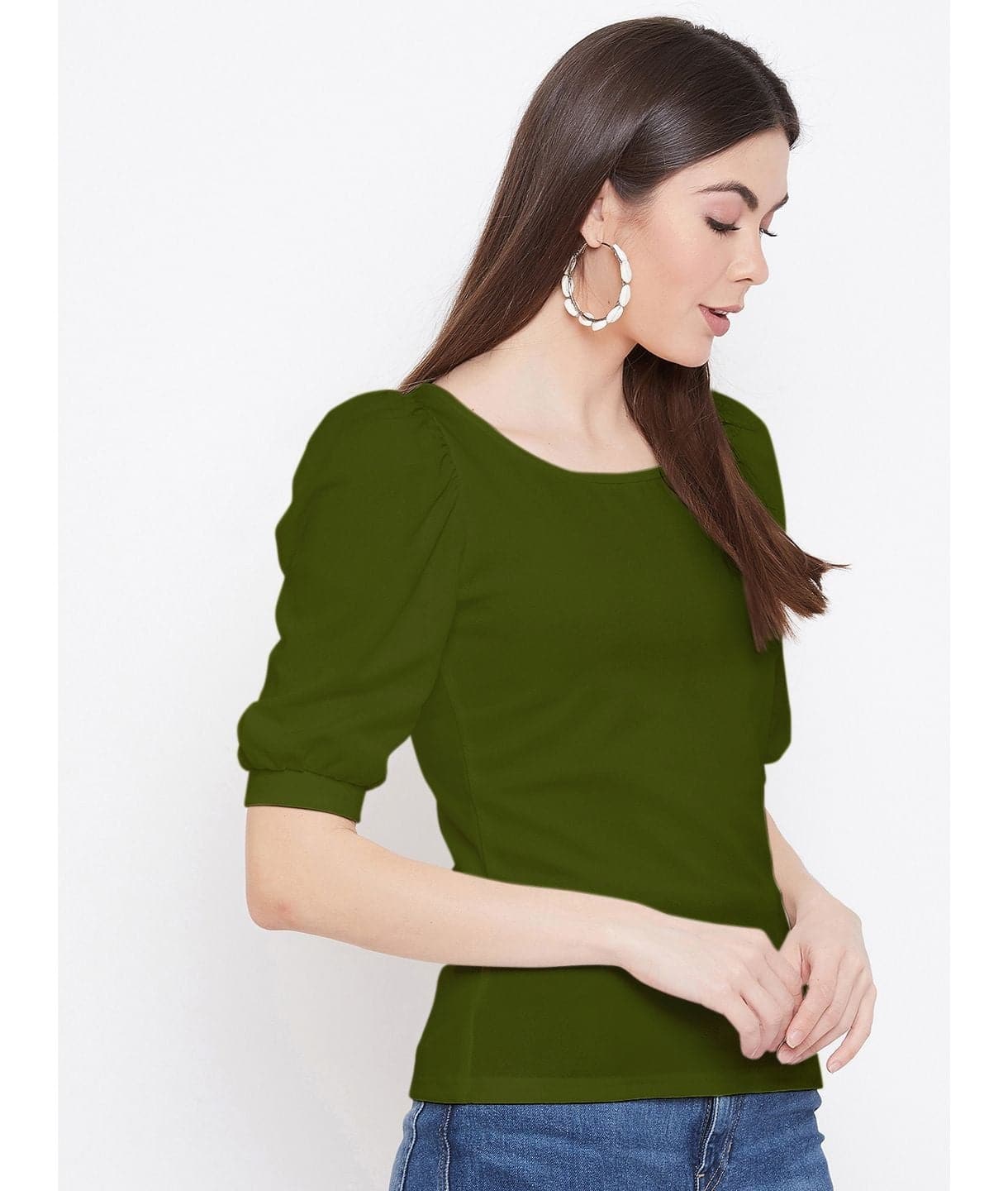 Cotton Solid Stretchable Round Neck Puff Sleeve Top - Uptownie