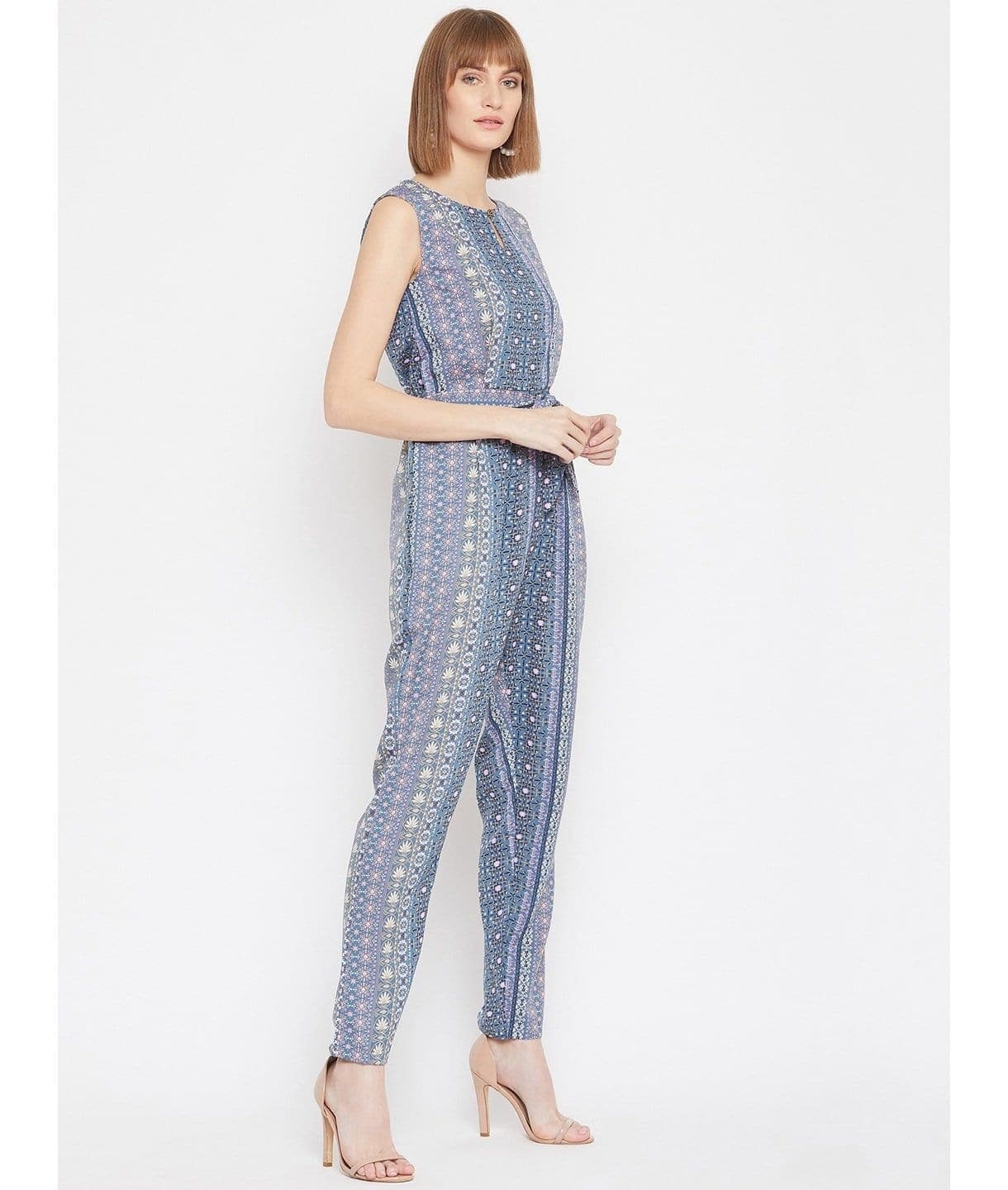 Printed Keyhole Jumpsuit with Belt - Uptownie