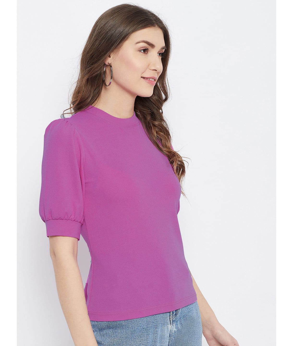 Cotton Solid Stretchable High Neck Puff Sleeve Top - Uptownie