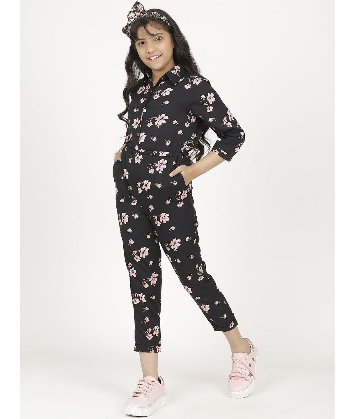 Floral Roll-up Jumpsuit for Girls - Uptownie