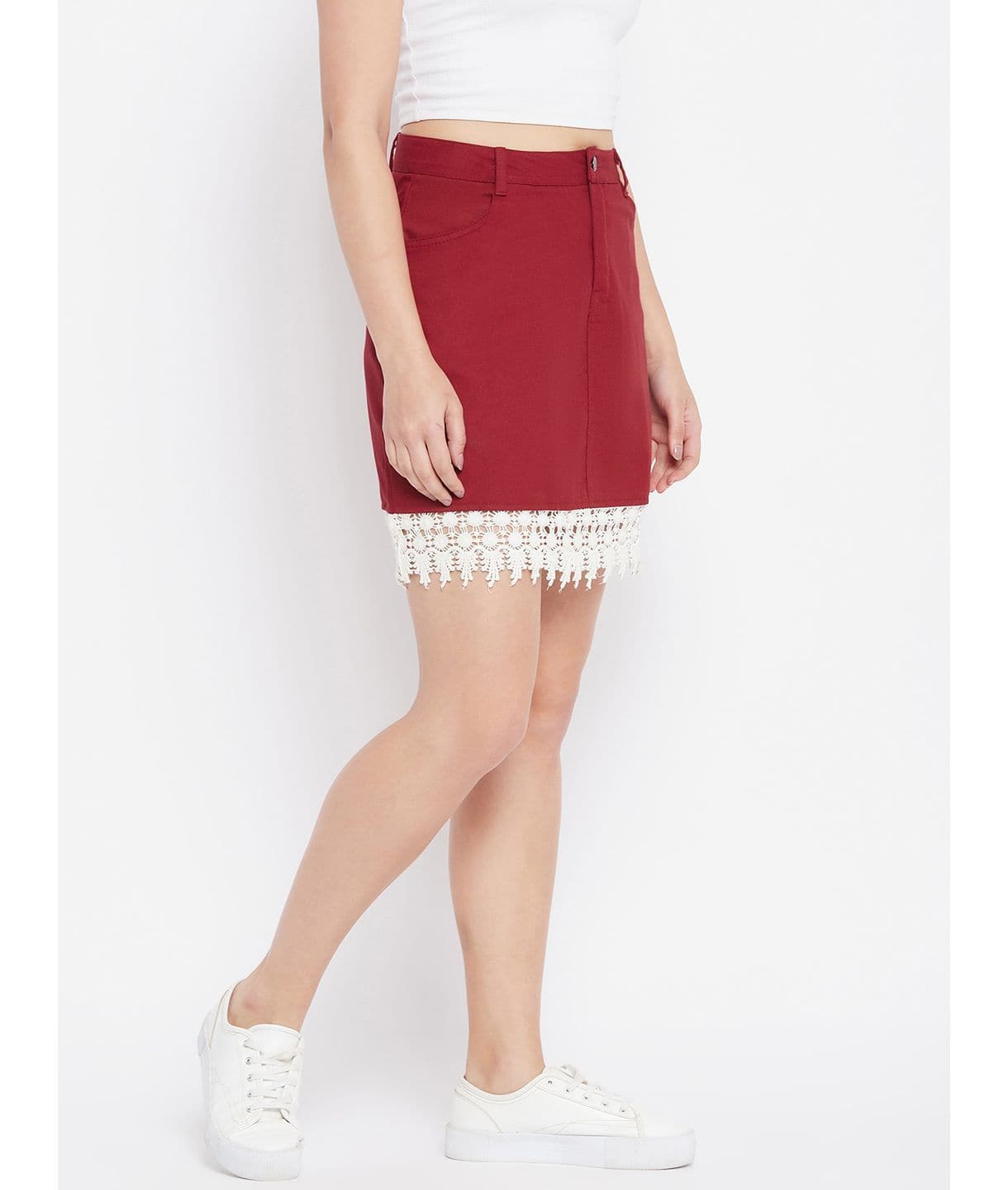 Stretchable Knee length Lace Denim Skirt - Uptownie