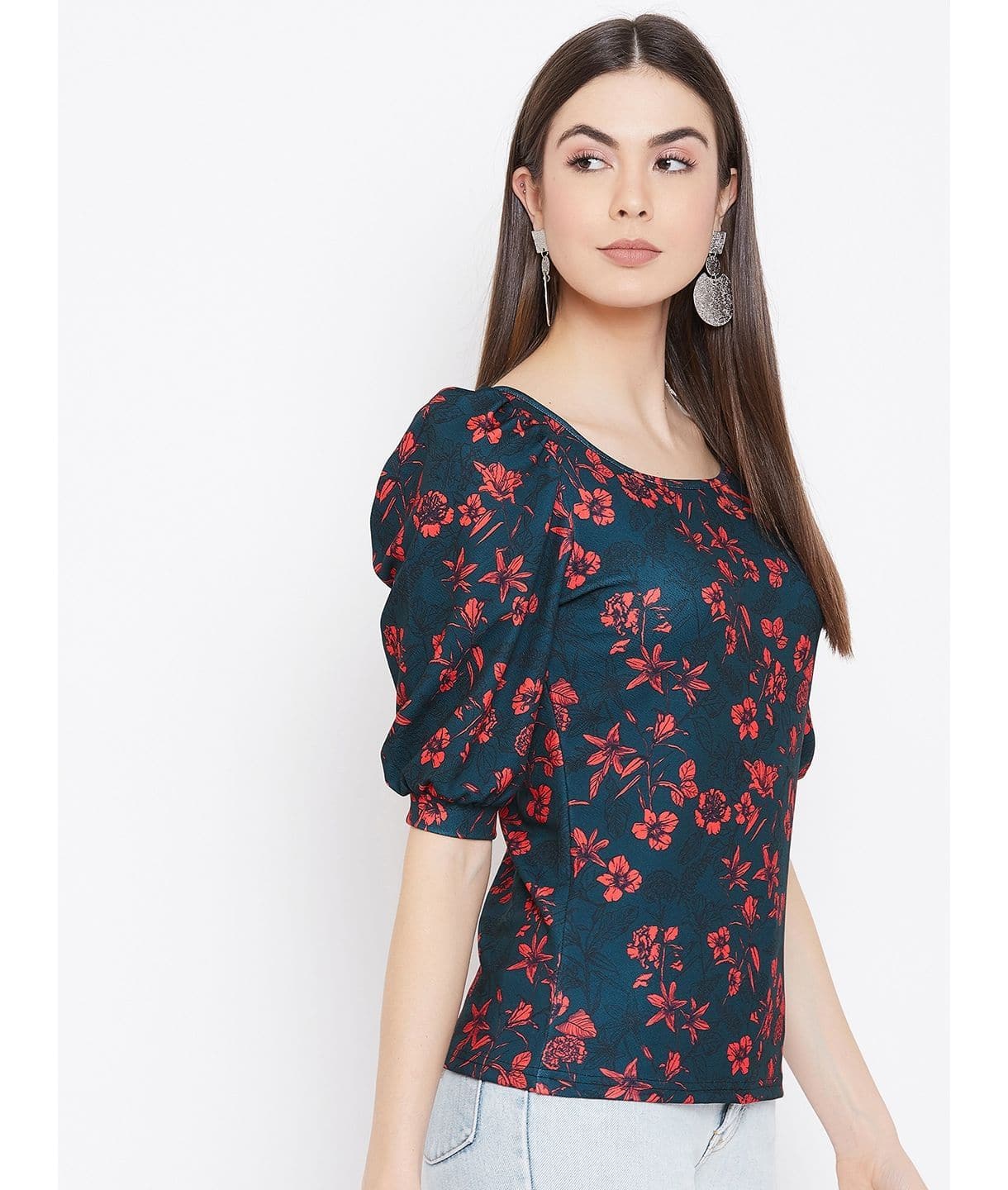 Plus Cotton Floral Stretchable Puff Sleeve Top - Uptownie