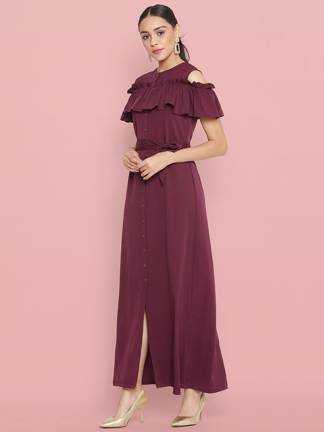 Ruffled Buttoned Cold Shoulder Maxi Dress - Uptownie