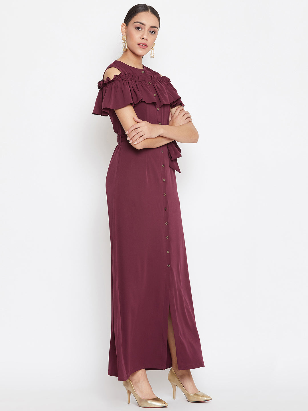 Ruffled Buttoned Cold Shoulder Maxi Dress - Uptownie