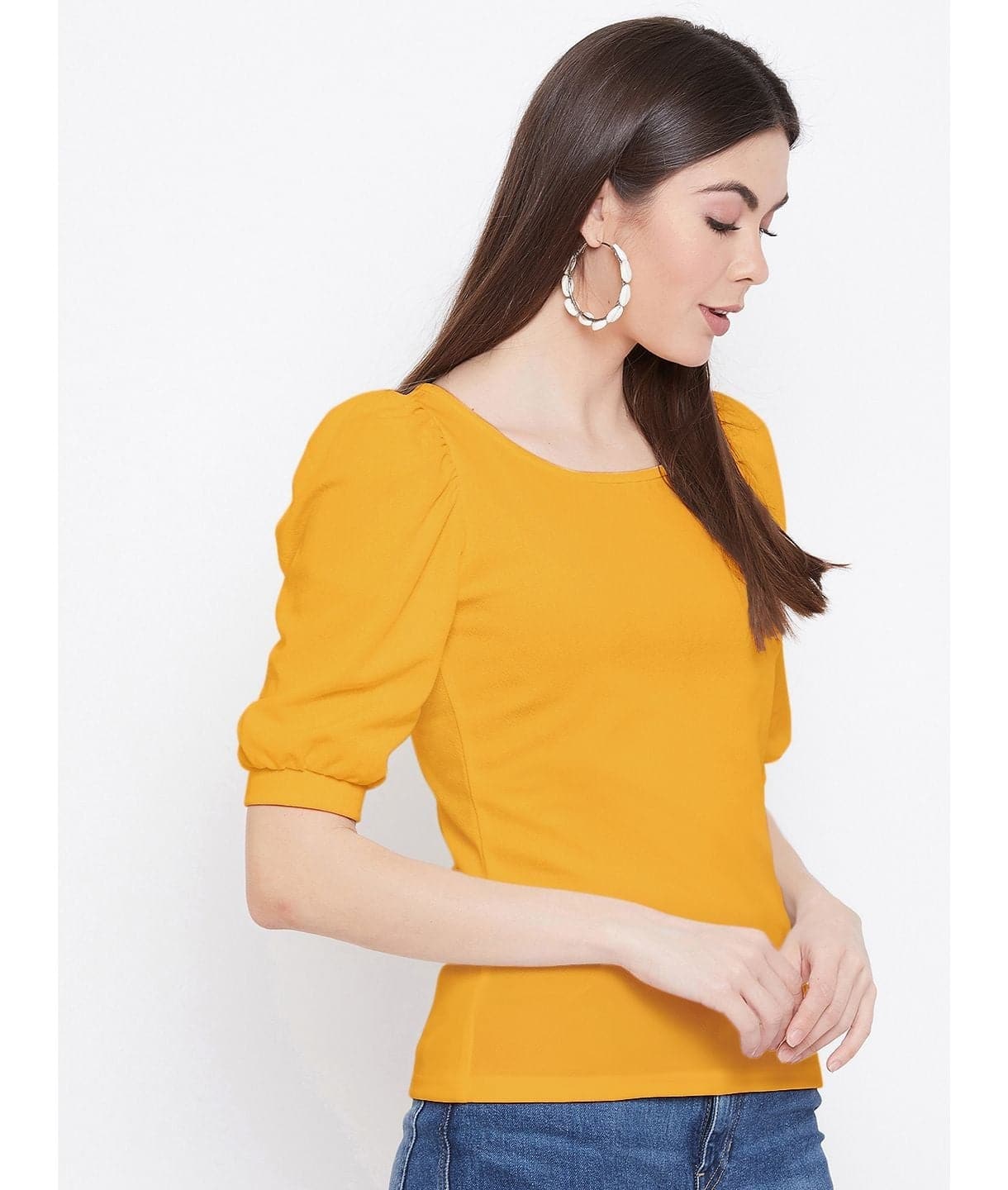 Cotton Solid Stretchable Round Neck Puff Sleeve Top - Uptownie