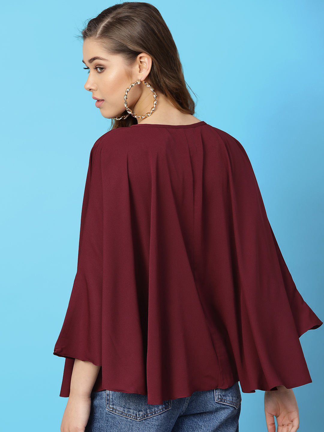 Maroon Buttoned Crepe Cape Top - Uptownie