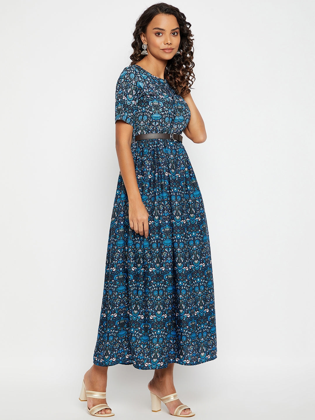 Printed Maxi Dress with Belt - Uptownie