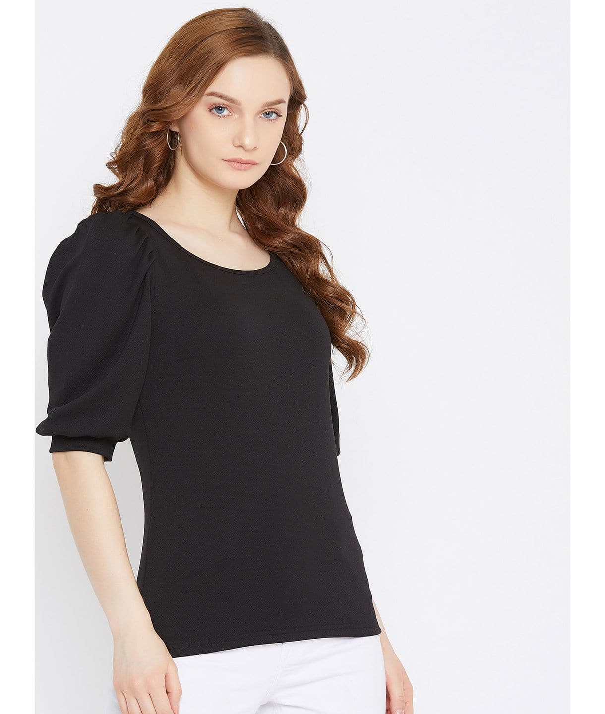 Cotton Solid Stretchable Round Neck Puff Sleeve Top - Uptownie