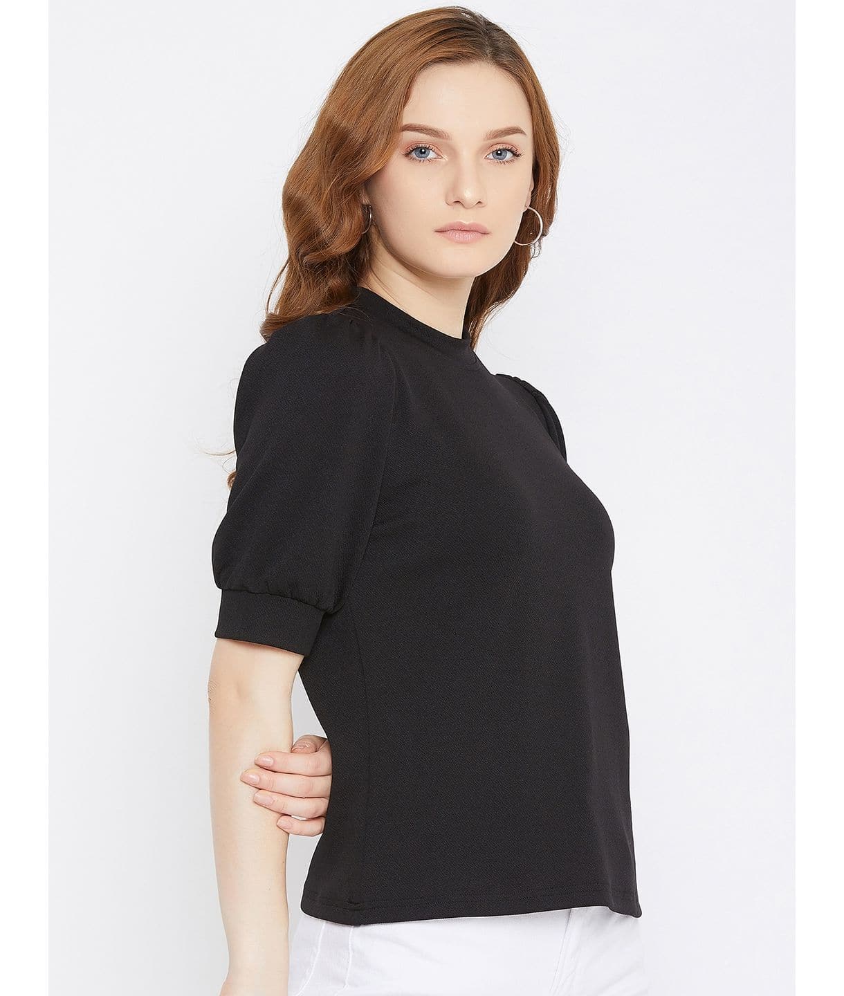 Cotton Solid Stretchable High Neck Puff Sleeve Top - Uptownie