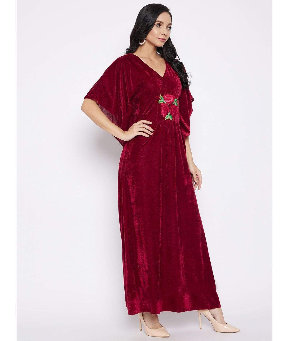 Stretchable Velvet Kaftan with Floral Embroidery - Uptownie