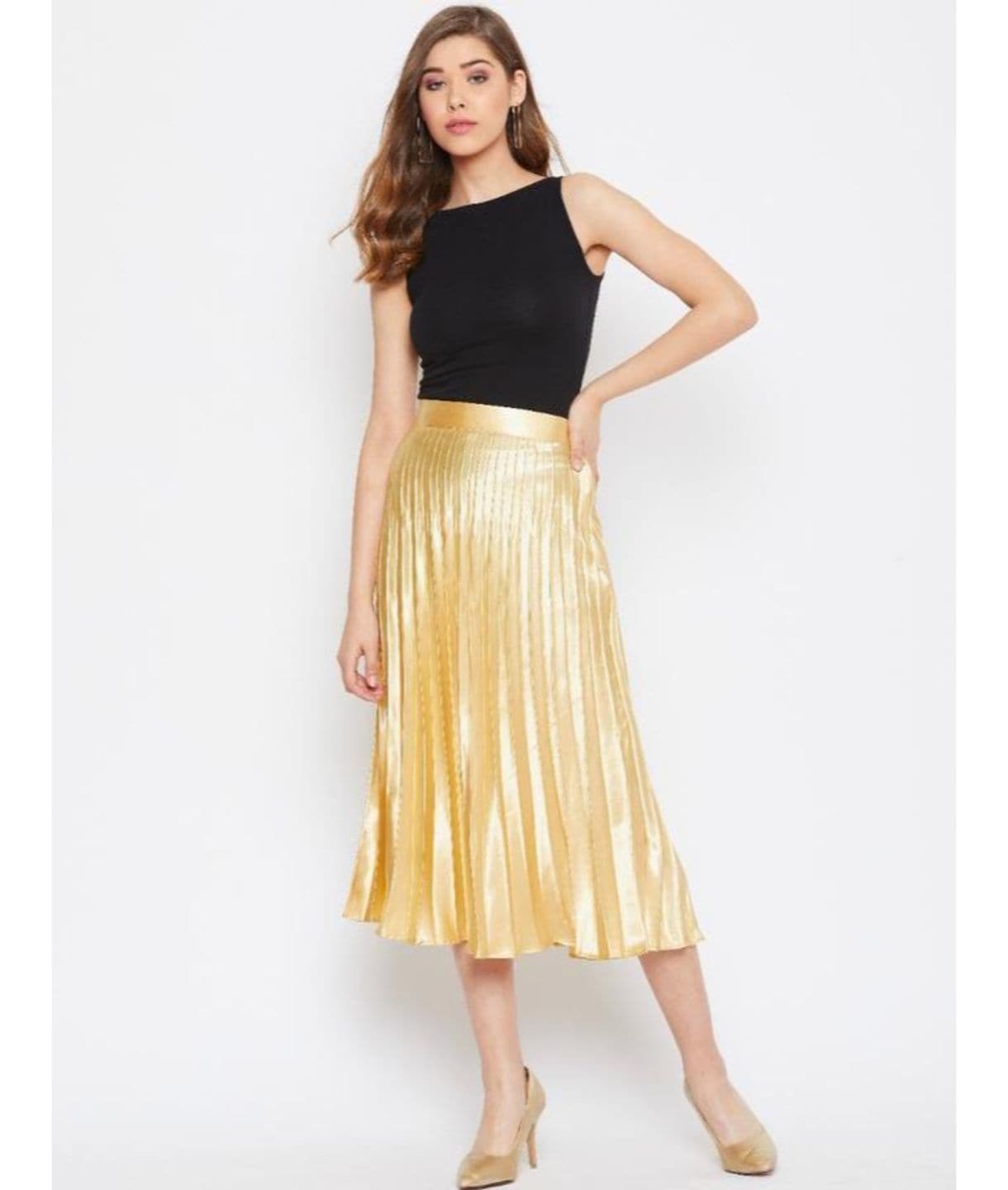 Plus Pleated Satin Midi Skirt - Uptownie