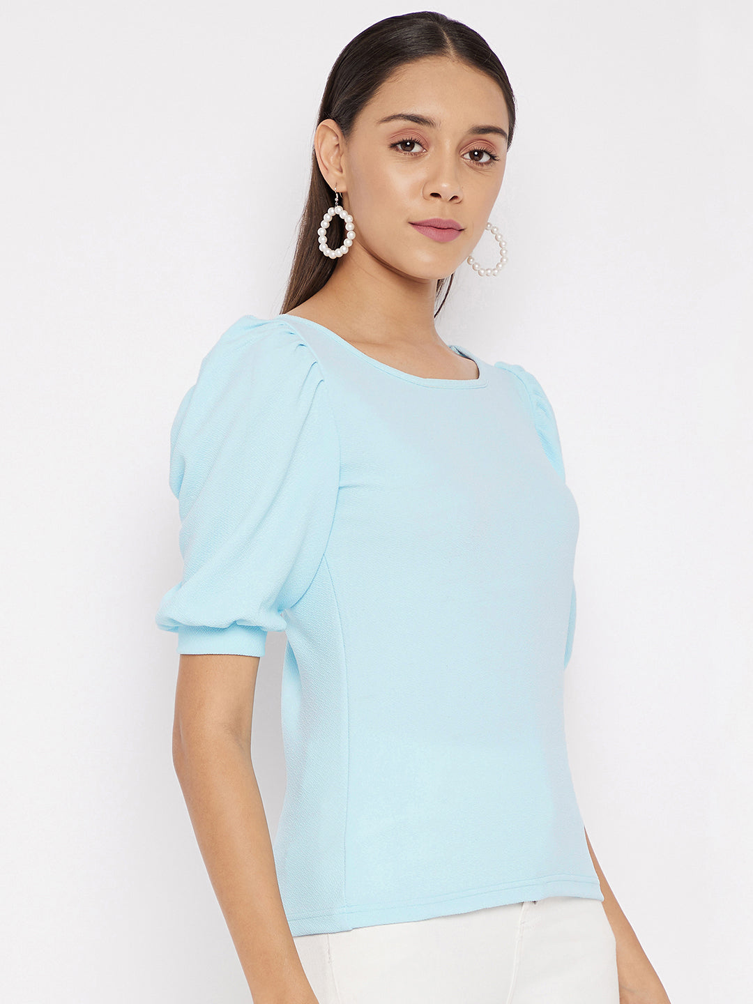 Cotton Solid Stretchable Round Neck Puff Sleeve Top - Uptownie