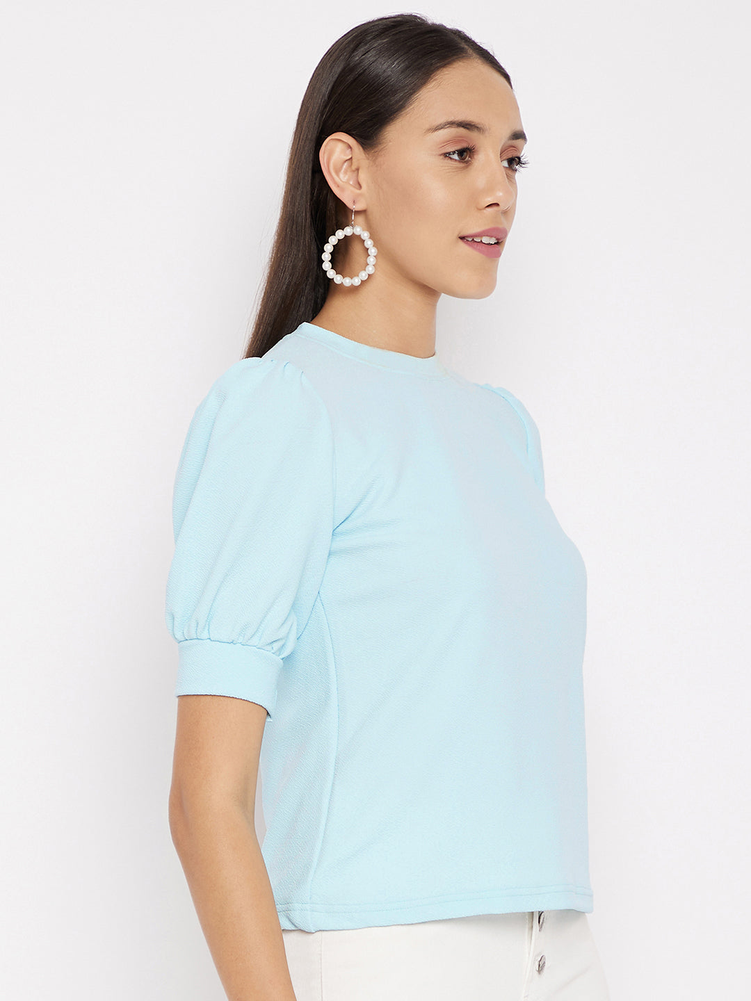 Cotton Solid Stretchable High Neck Puff Sleeve Top - Uptownie