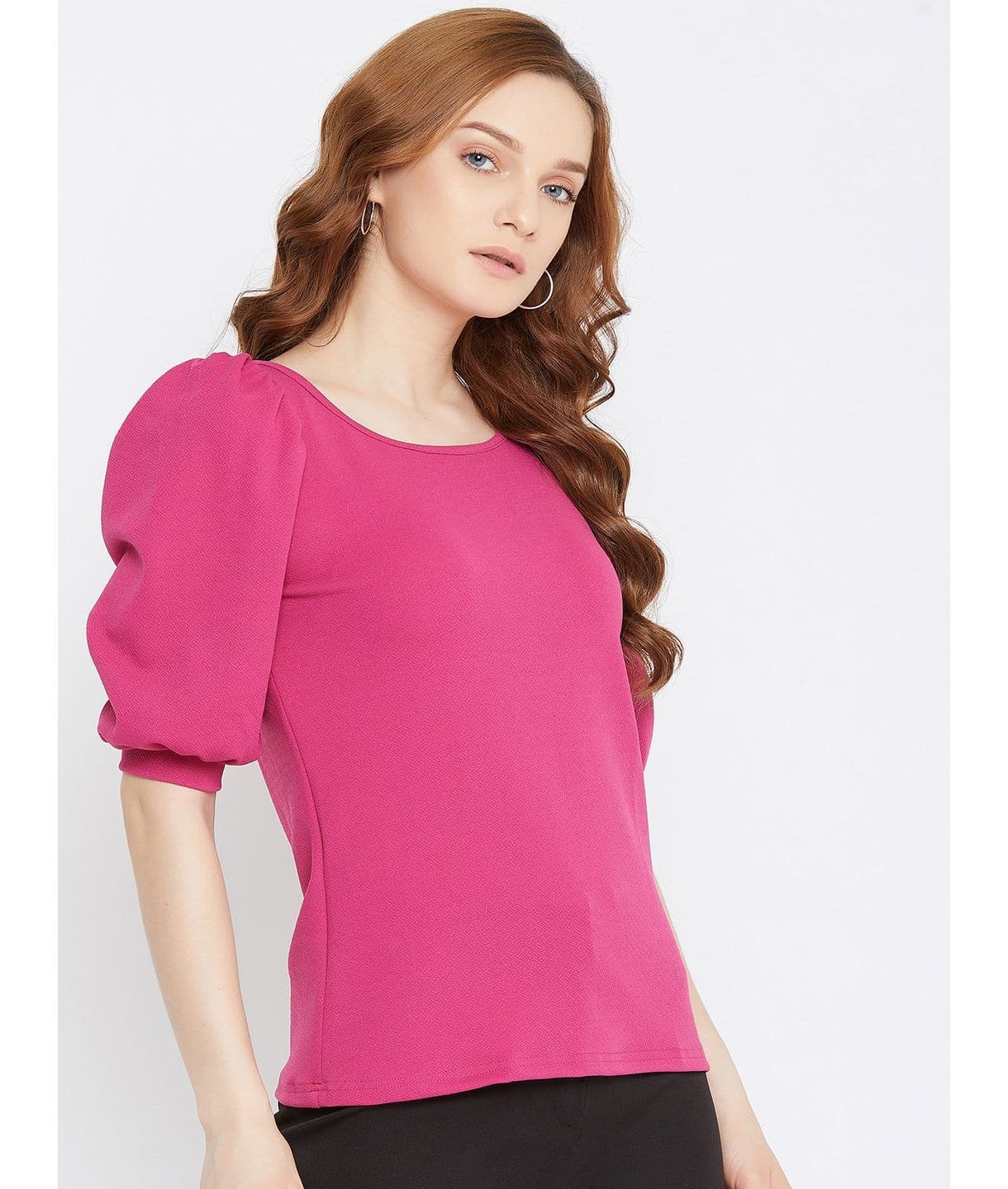 Cotton Solid Stretchable Round Neck Puff Sleeve Top - Uptownie
