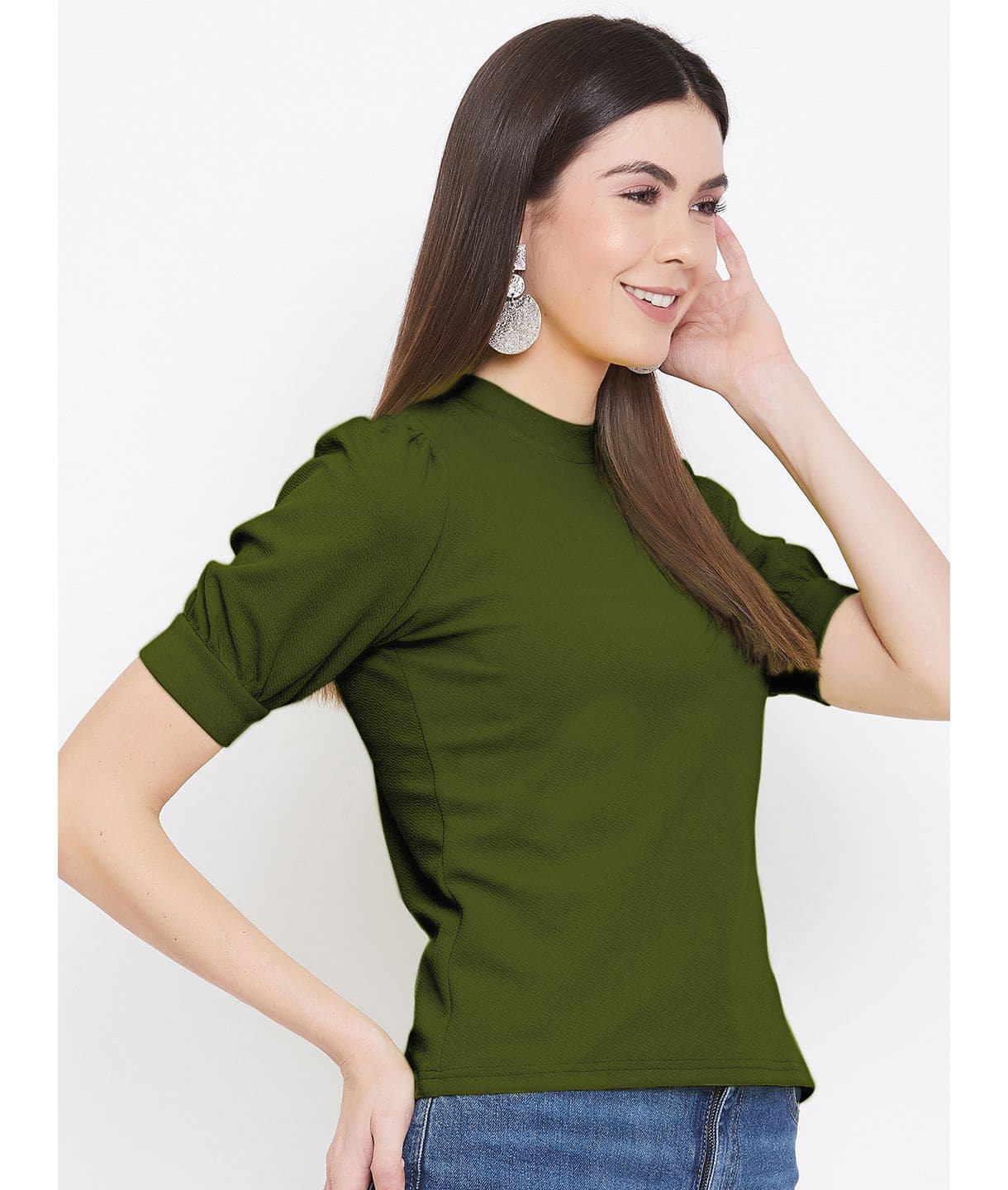 Cotton Solid Stretchable High Neck Puff Sleeve Top - Uptownie