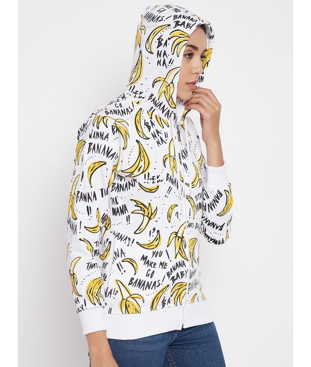 Banana Print Cotton Zippered Hoodie with Pockets - Uptownie