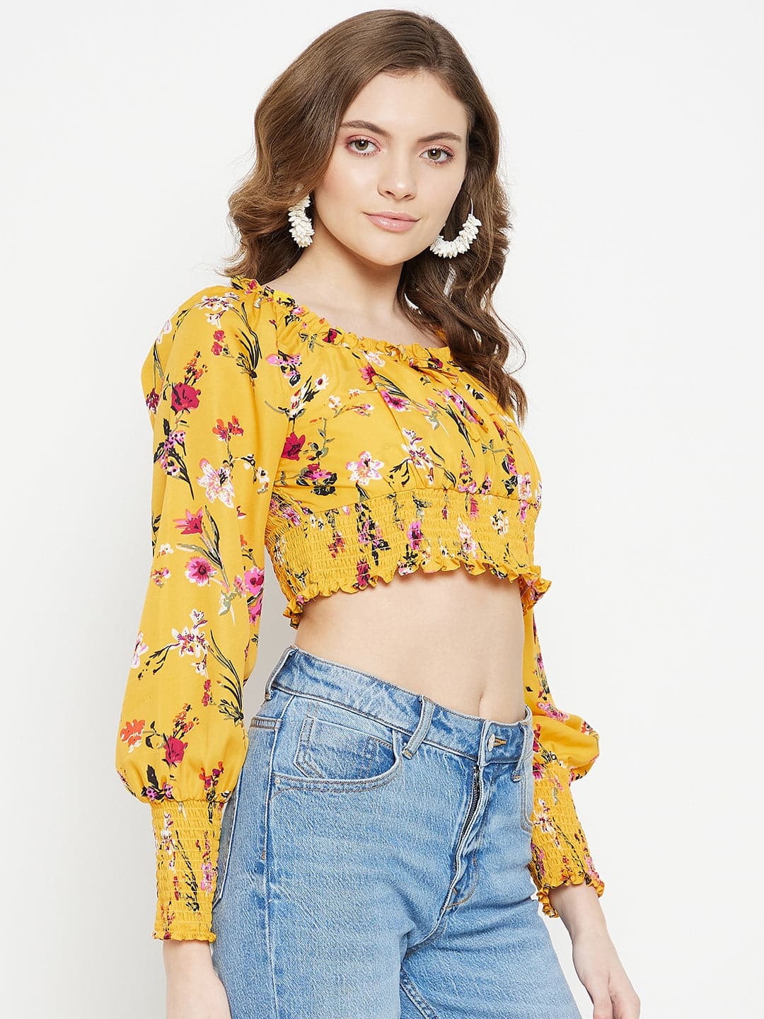 Floral Smocked Full Sleeve Crop Top - Uptownie