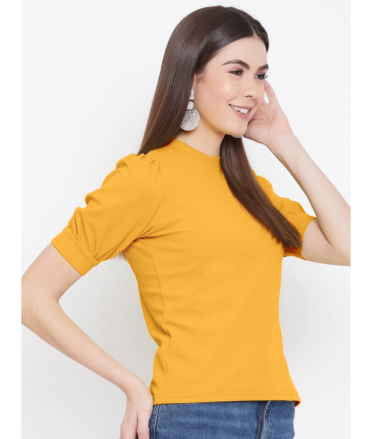 Cotton Solid Stretchable High Neck Puff Sleeve Top - Uptownie