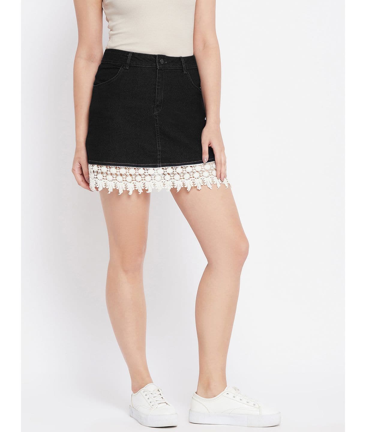 Stretchable Knee length Lace Denim Skirt - Uptownie