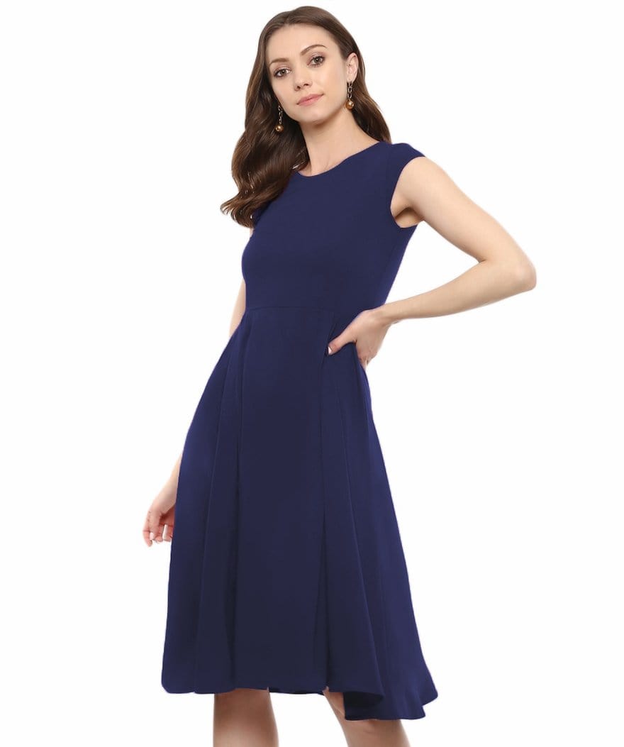 Solid Blue Box Pleated Skater Dress - Uptownie