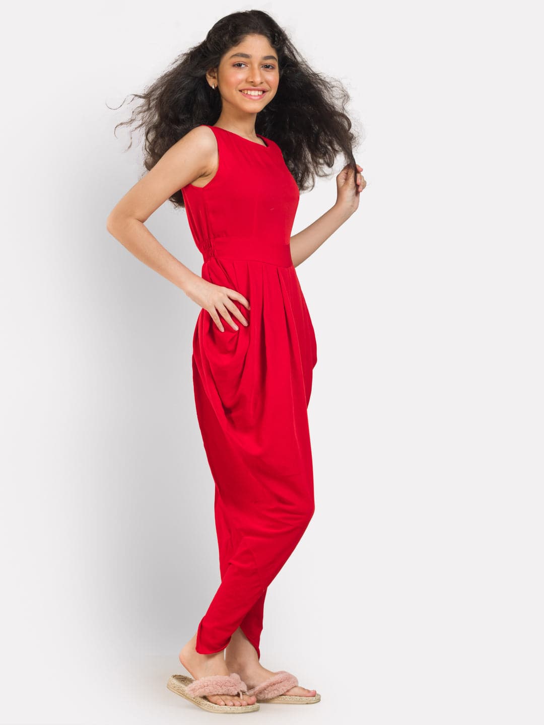 Solid Elasticated Dhoti Jumpsuit for Girls - Uptownie