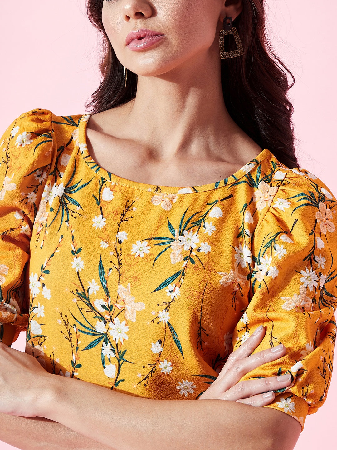 Cotton Floral Stretchable Puff Sleeve Top - Uptownie
