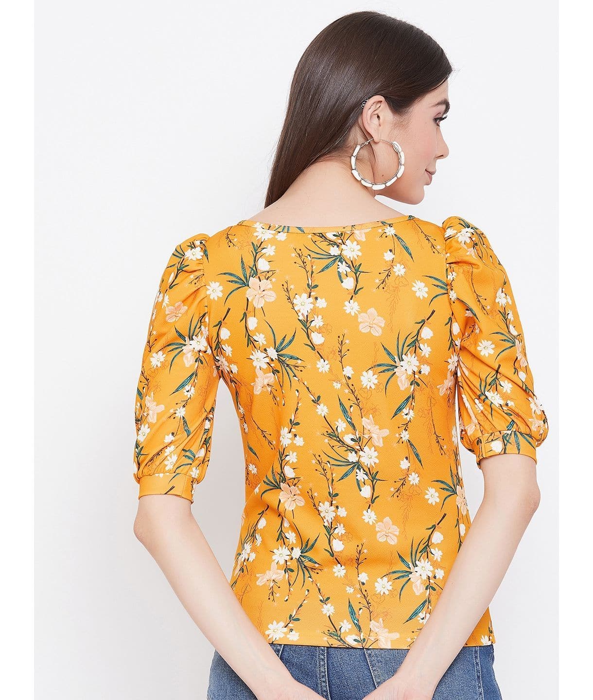 Plus Cotton Floral Stretchable Puff Sleeve Top - Uptownie