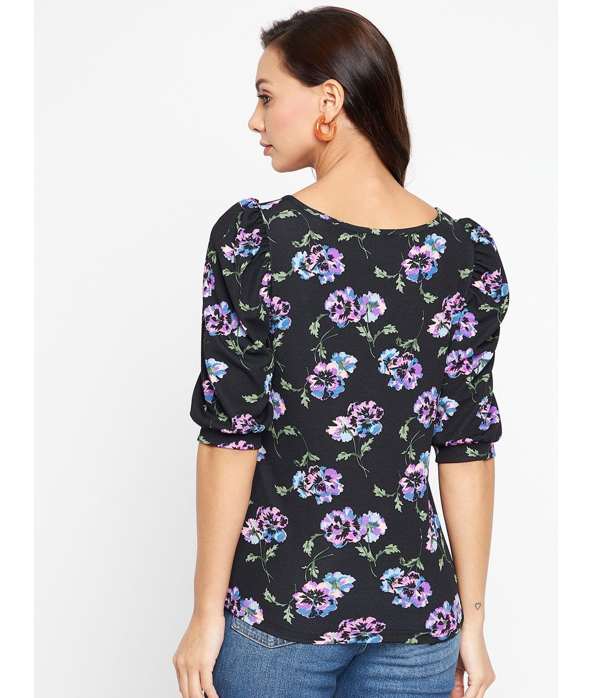 Cotton Floral Printed Stretchable Puff Sleeve Top - Uptownie