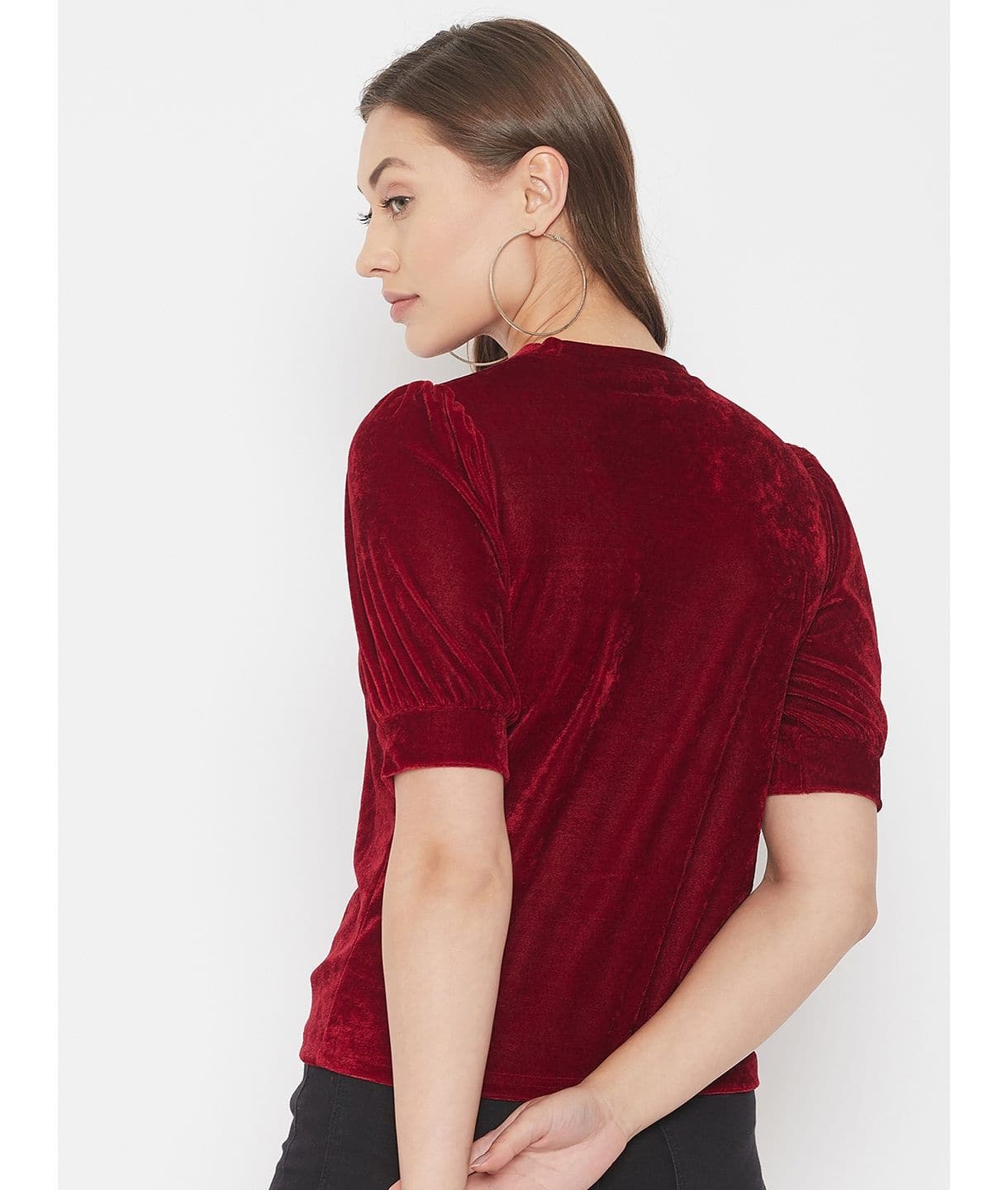Stretchable Velvet High Neck Puff Sleeve Top - Uptownie