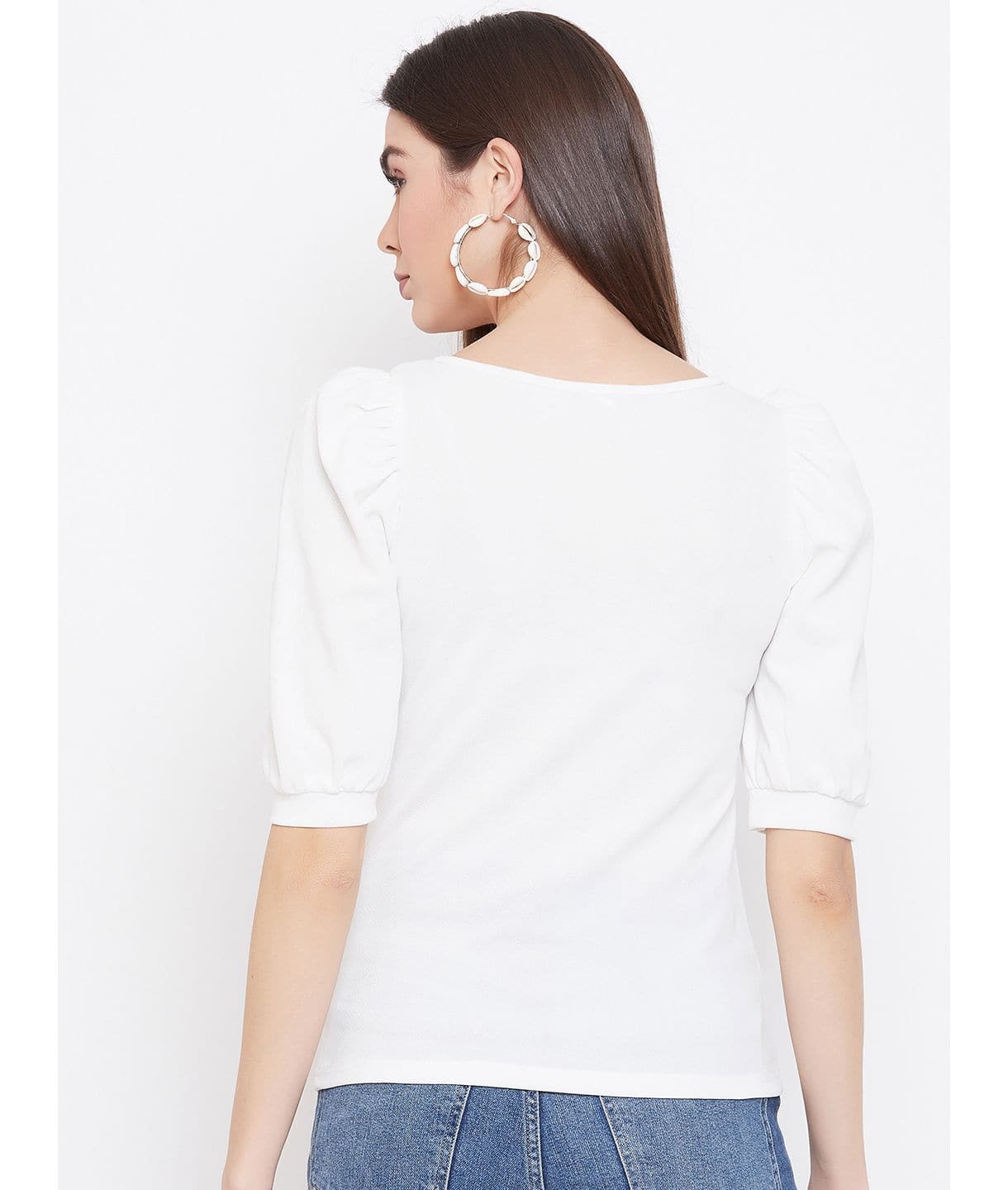 Plus Cotton Solid Stretchable Puff Sleeve Top - Uptownie
