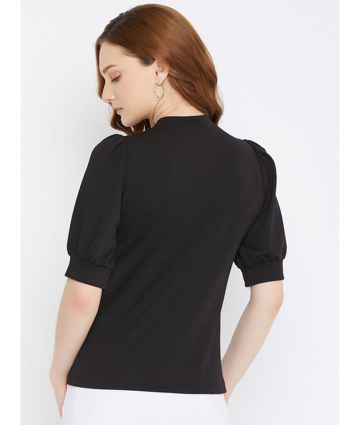 Cotton Solid Stretchable High Neck Puff Sleeve Top - Uptownie