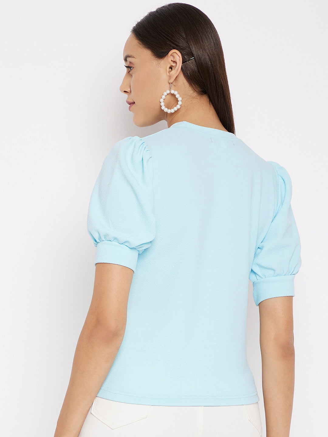 Cotton Solid Stretchable High Neck Puff Sleeve Top - Uptownie