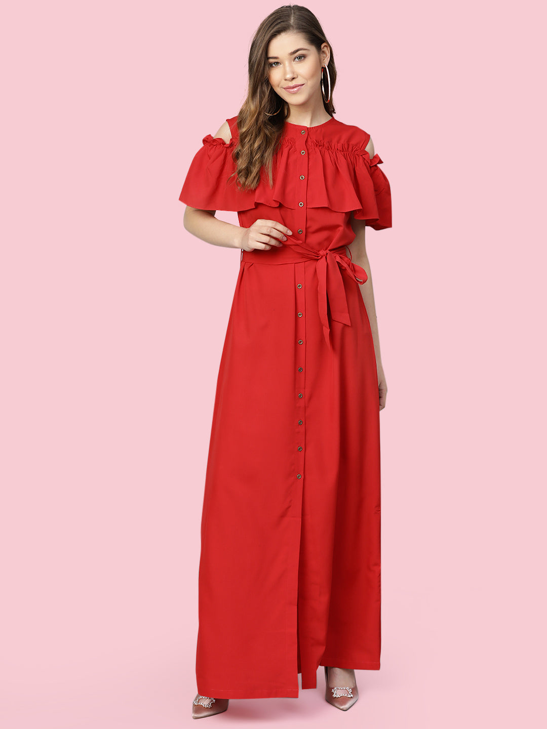 Ruffled Buttoned Cold Shoulder Maxi Dress - Uptownie